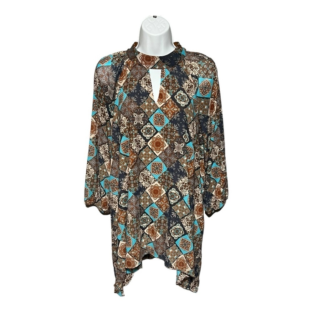 Cato Boho Geometric Print Long Sleeve Tunic Top Women’s Size Medium